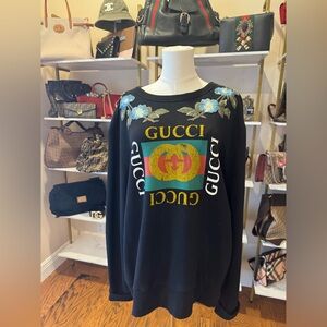 Authentic Gucci Black Sweatshirt with Colorful Logo and Floral Design